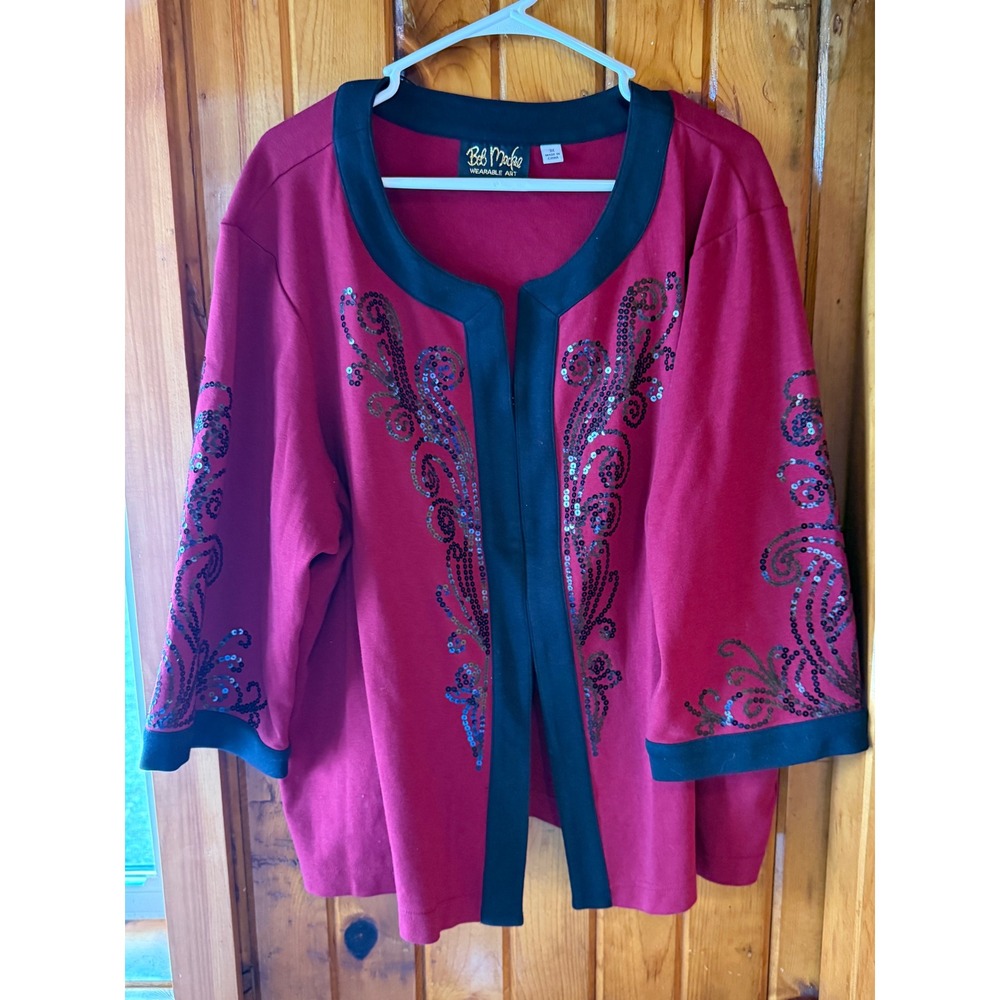 Bob Mackie Wearable Art Burgundy Sequin Open Front Cardigan Plus 3X Black Trim